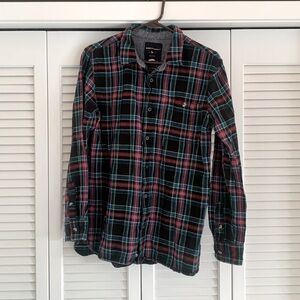 Modern Amusement Black Red Green Blue Yellow Plaid Flannel Button Down Size L
